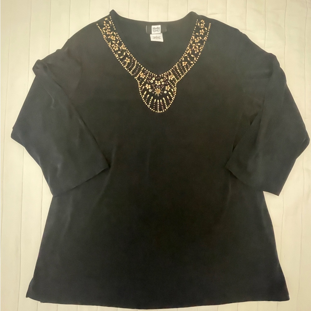 Studio 1940 Black Embellished Boho Wooden Beaded Blouse 1X